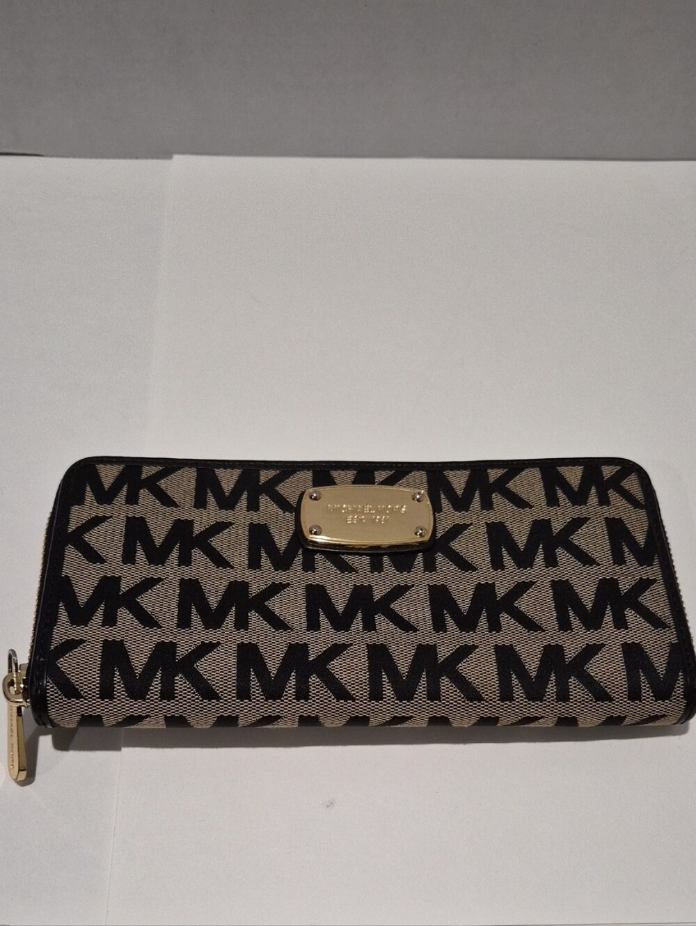 Michael Kors Black and Beige MK Logo Zip Around Wallet
